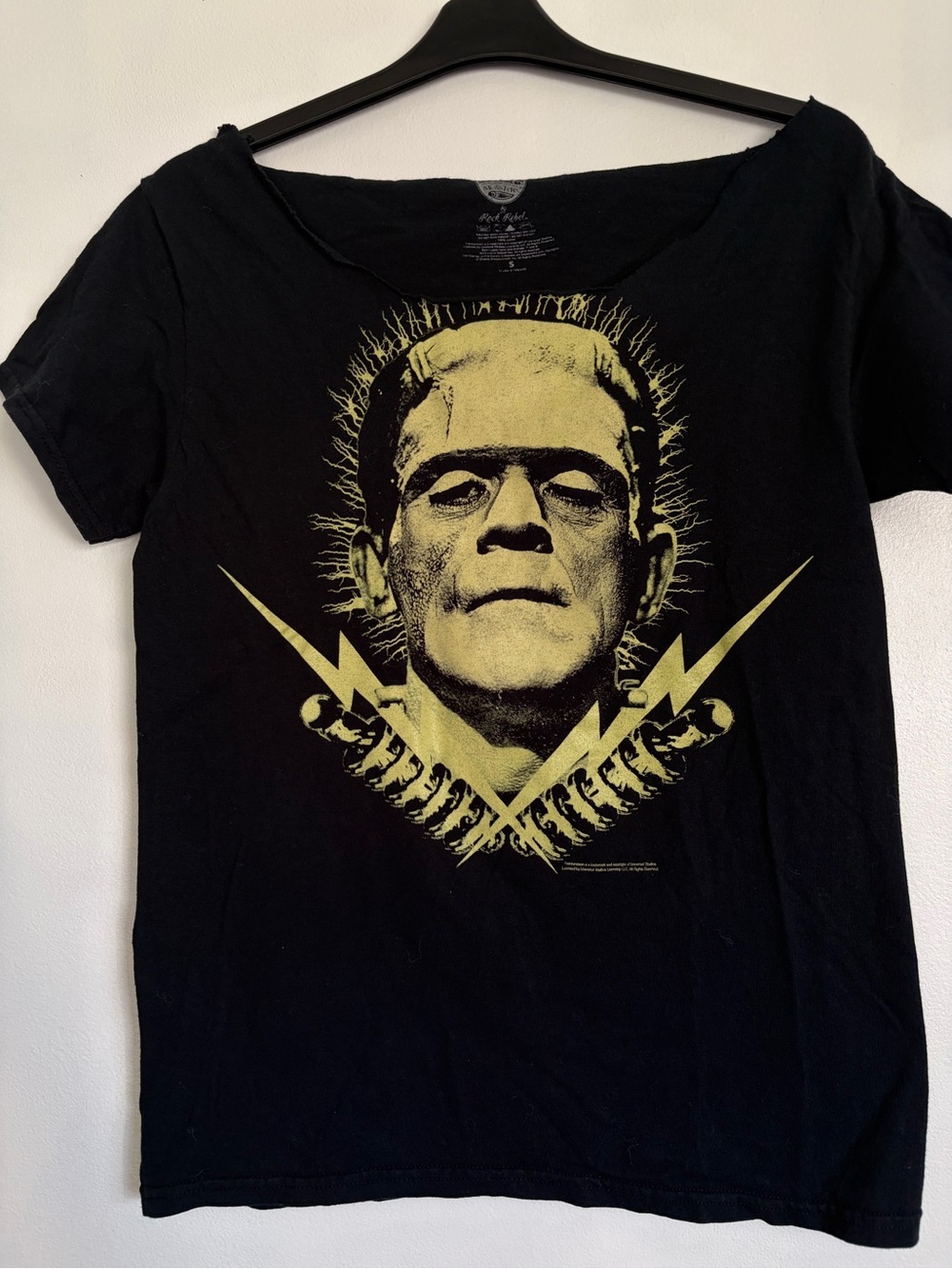Rock Revival Black Tee with Yellow-Green Frankenstein Graphic